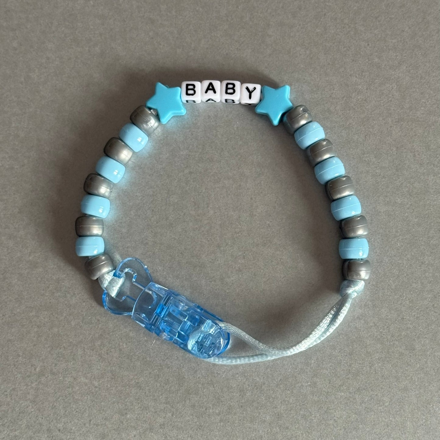 Personalised Reborn Dummy Clip: Blue Stars/Hearts Blue & Silver Beads