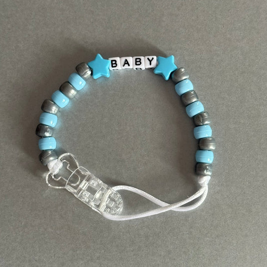 Personalised Reborn Dummy Clip: Blue Stars/Hearts Blue & Silver Beads