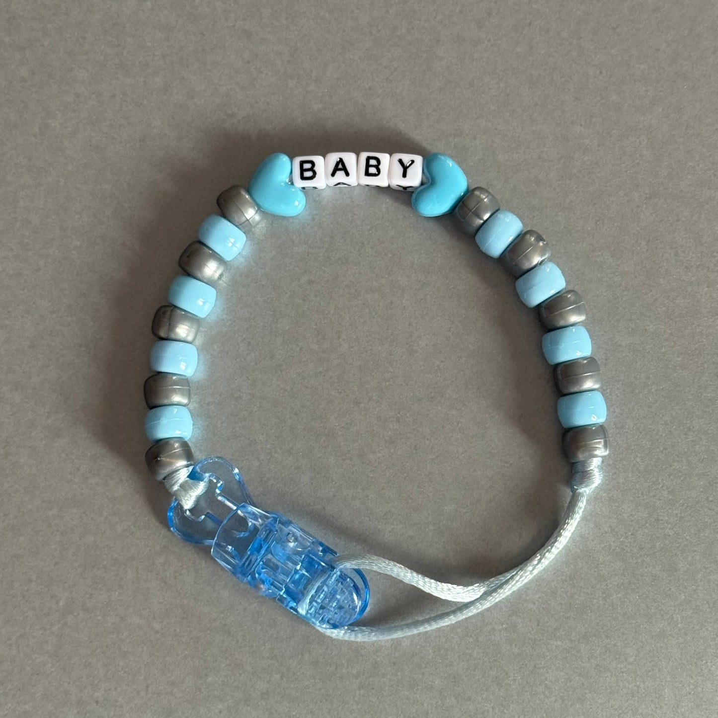 Personalised Reborn Dummy Clip: Blue Stars/Hearts Blue & Silver Beads