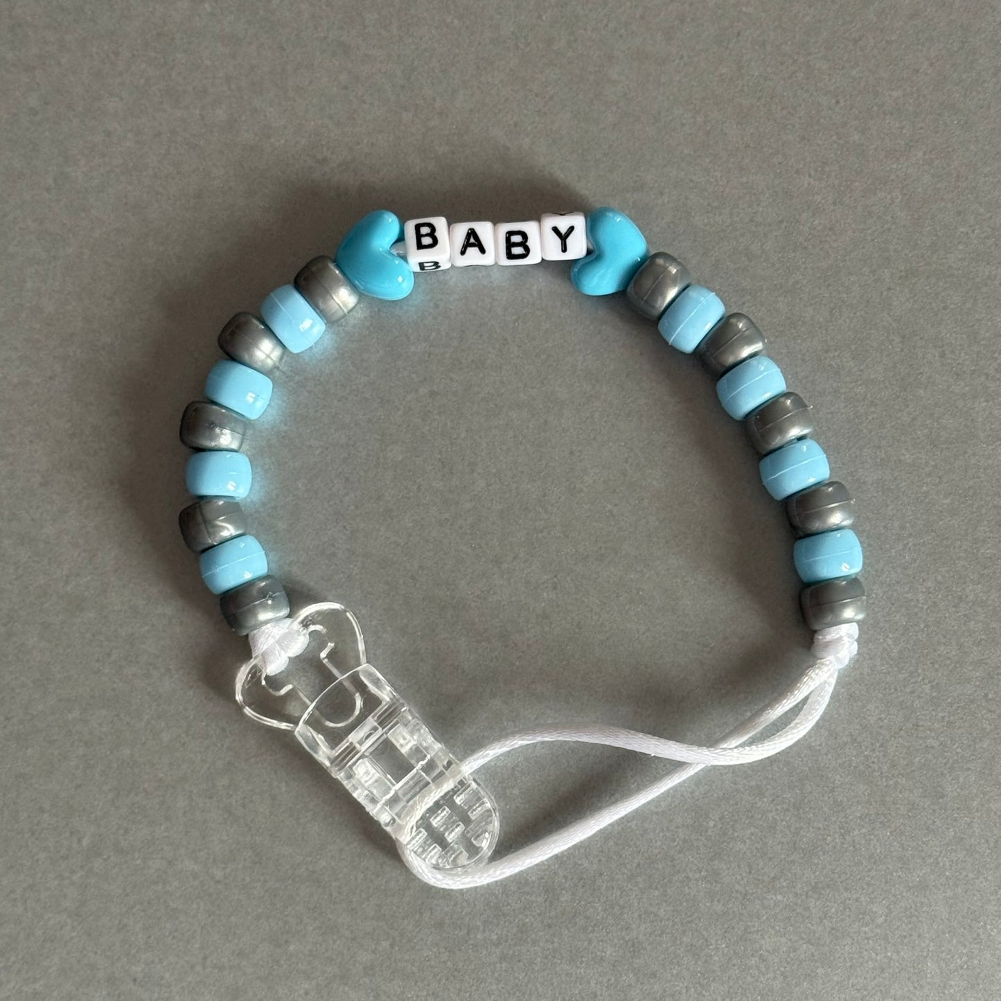 Personalised Reborn Dummy Clip: Blue Stars/Hearts Blue & Silver Beads