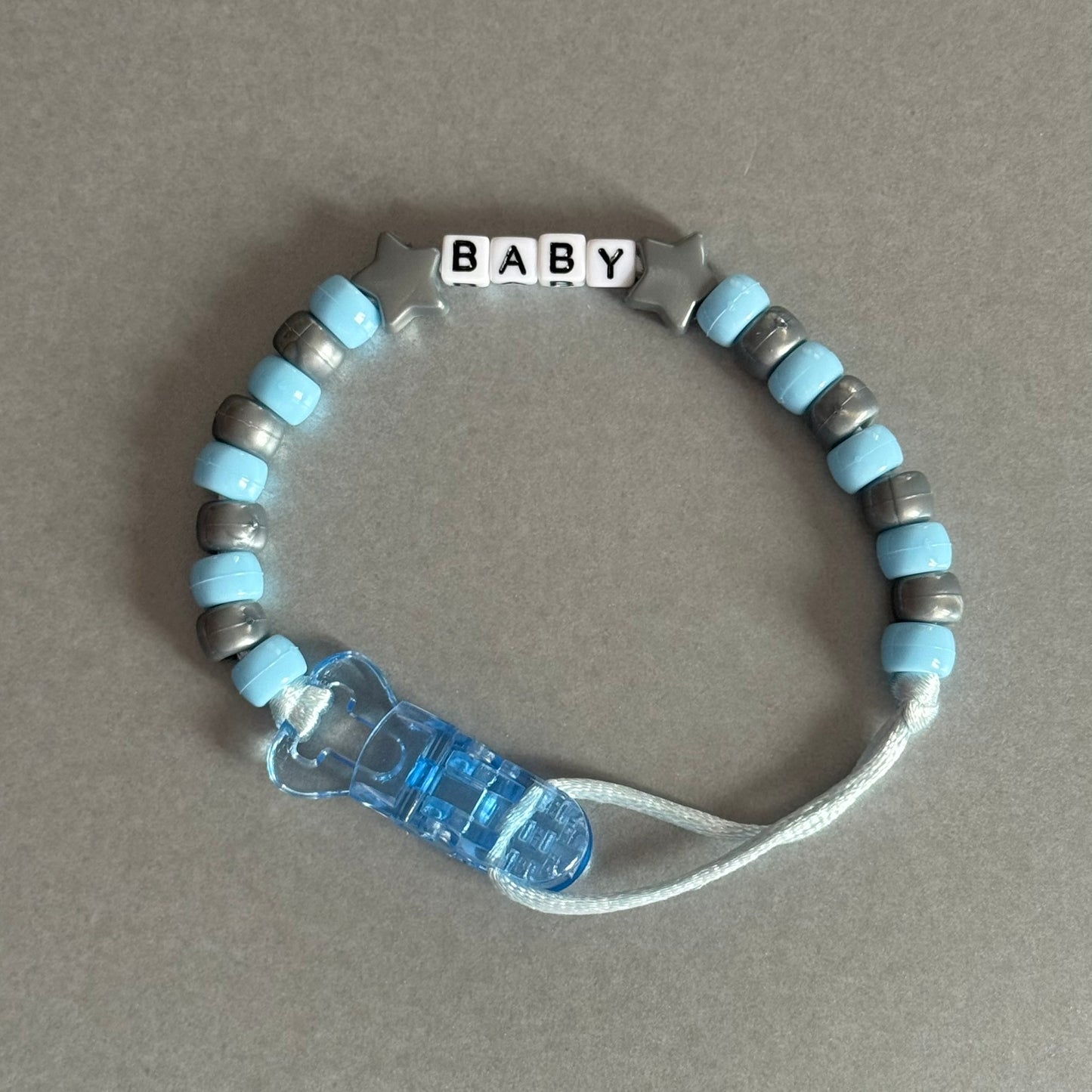 Personalised Reborn Dummy Clip: Silver Stars/Hearts Blue & Silver Beads