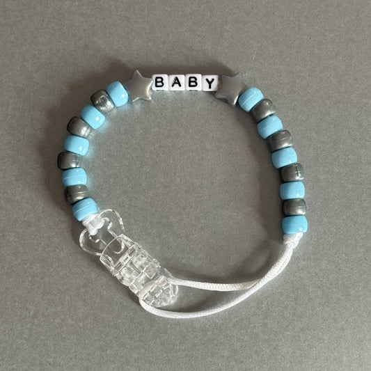 Personalised Reborn Dummy Clip: Silver Stars/Hearts Blue & Silver Beads