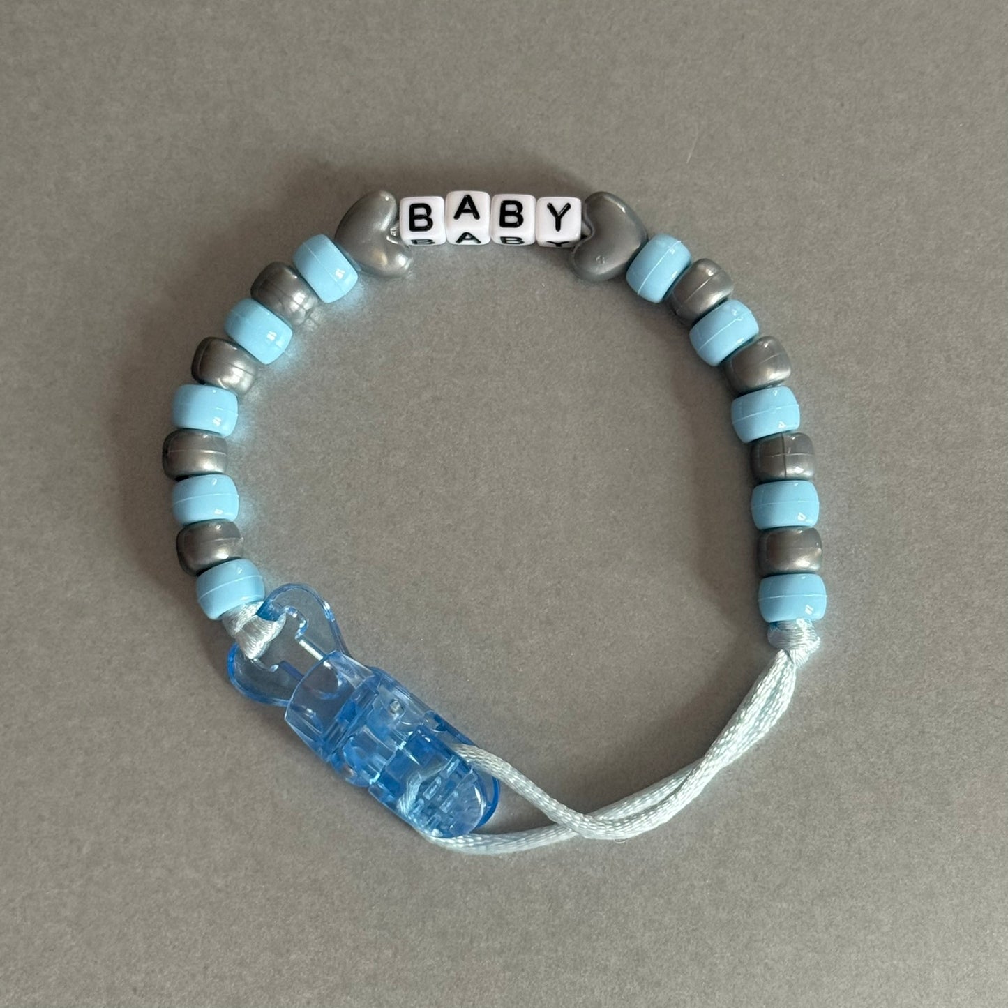 Personalised Reborn Dummy Clip: Silver Stars/Hearts Blue & Silver Beads