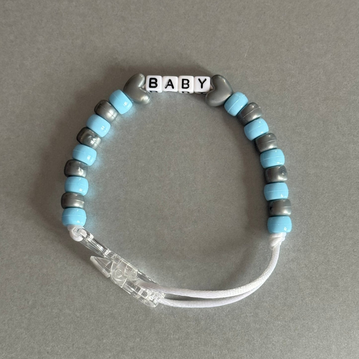 Personalised Reborn Dummy Clip: Silver Stars/Hearts Blue & Silver Beads