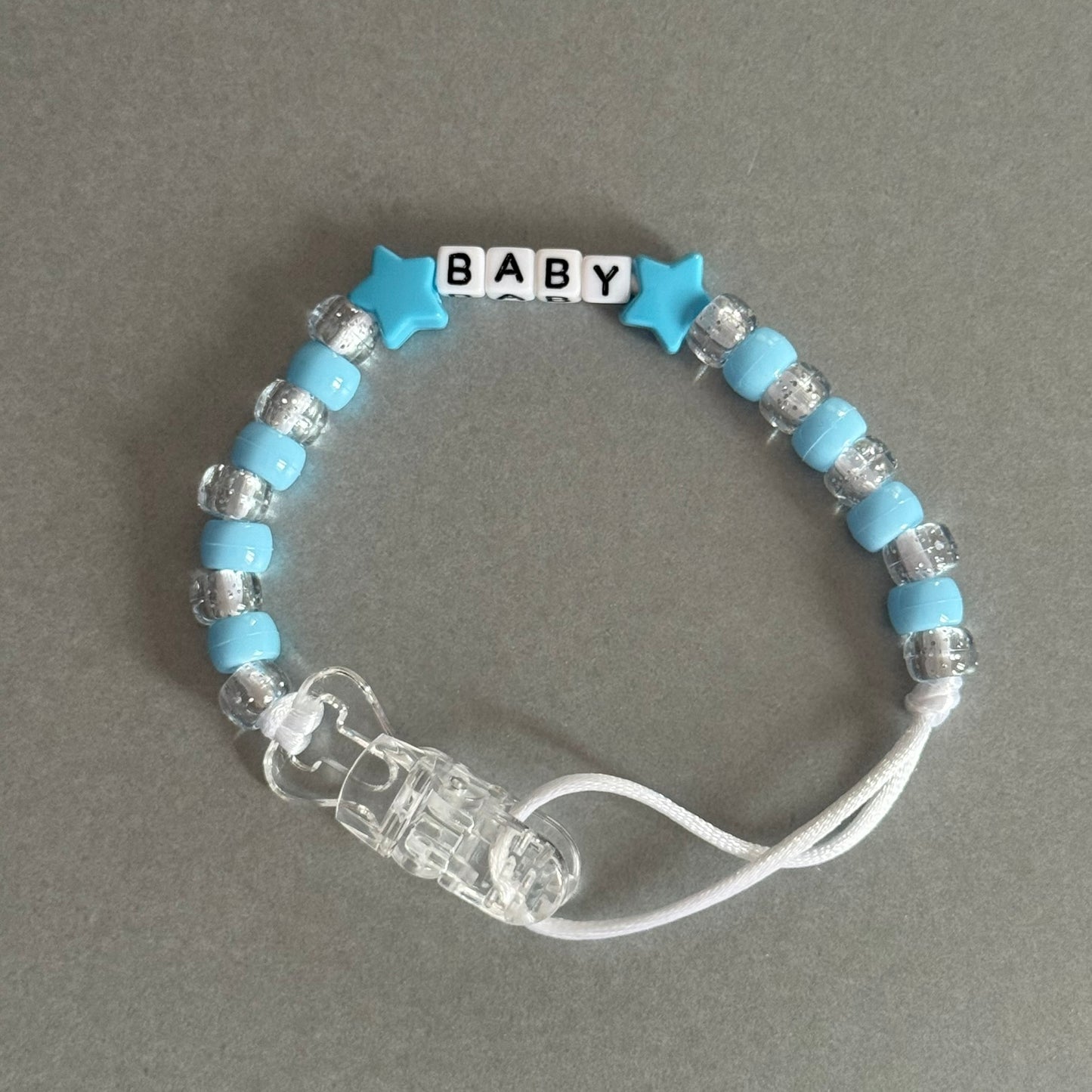 Personalised Reborn Dummy Clip: Blue Stars/Hearts Blue & Glitter Beads