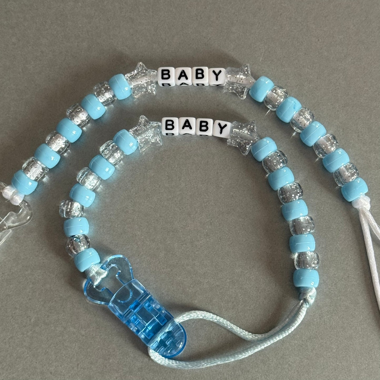 Personalised Reborn Dummy Clip: Glitter Stars Blue & Glitter Beads