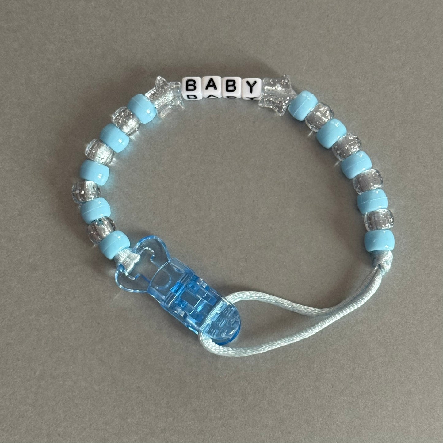 Personalised Reborn Dummy Clip: Glitter Stars Blue & Glitter Beads