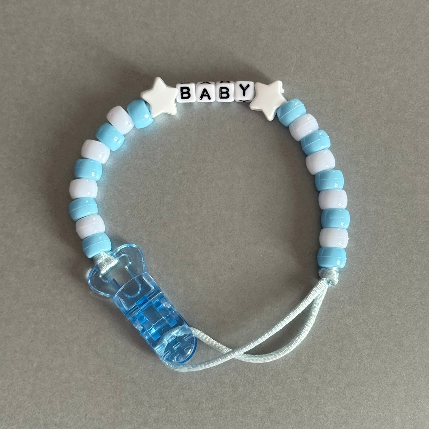 Personalised Reborn Dummy Clip: White Stars Blue & White Beads