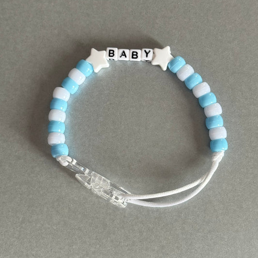 Personalised Reborn Dummy Clip: White Stars Blue & White Beads