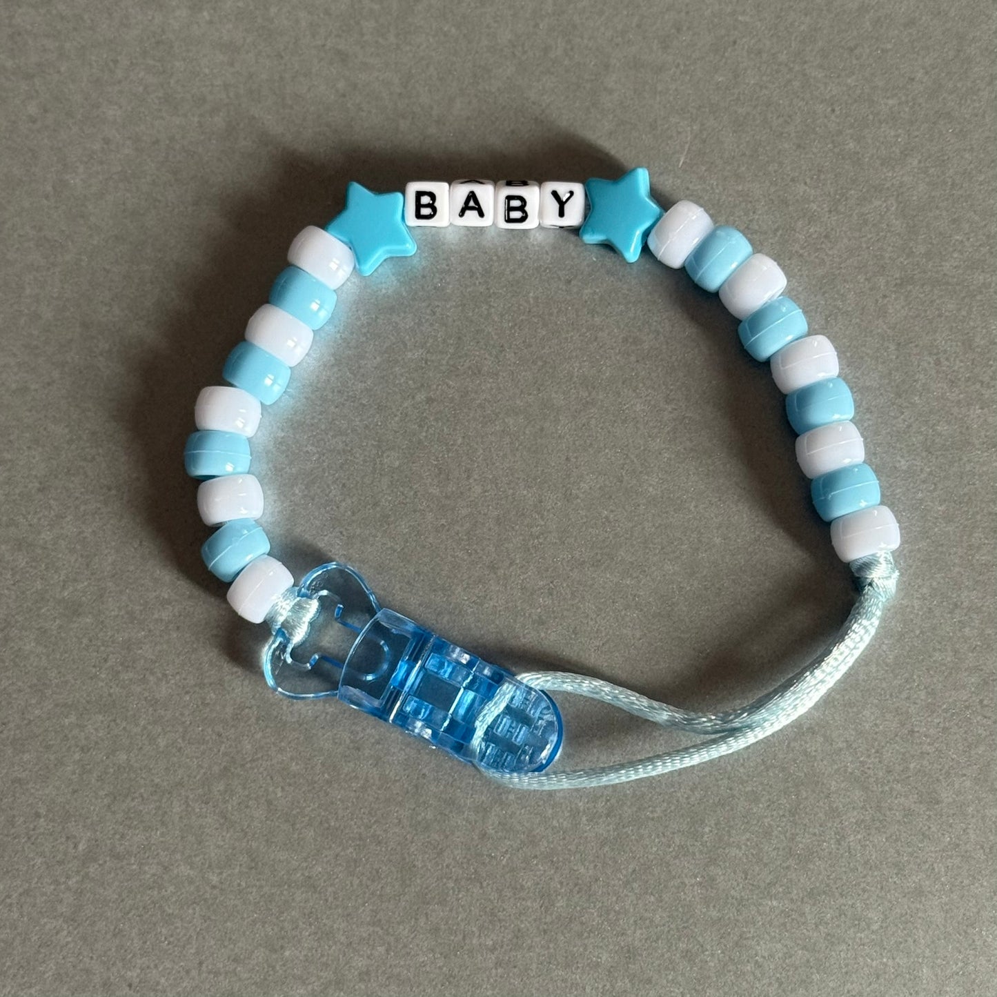 Personalised Reborn Dummy Clip: Blue Stars/Hearts Blue & White Beads
