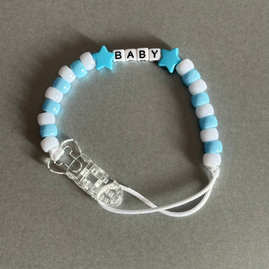 Personalised Reborn Dummy Clip: Blue Stars/Hearts Blue & White Beads