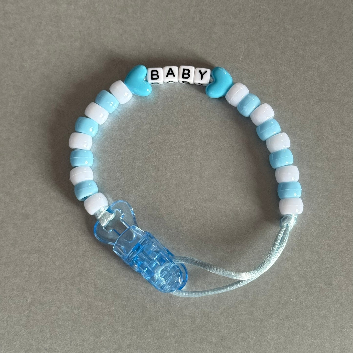Personalised Reborn Dummy Clip: Blue Stars/Hearts Blue & White Beads