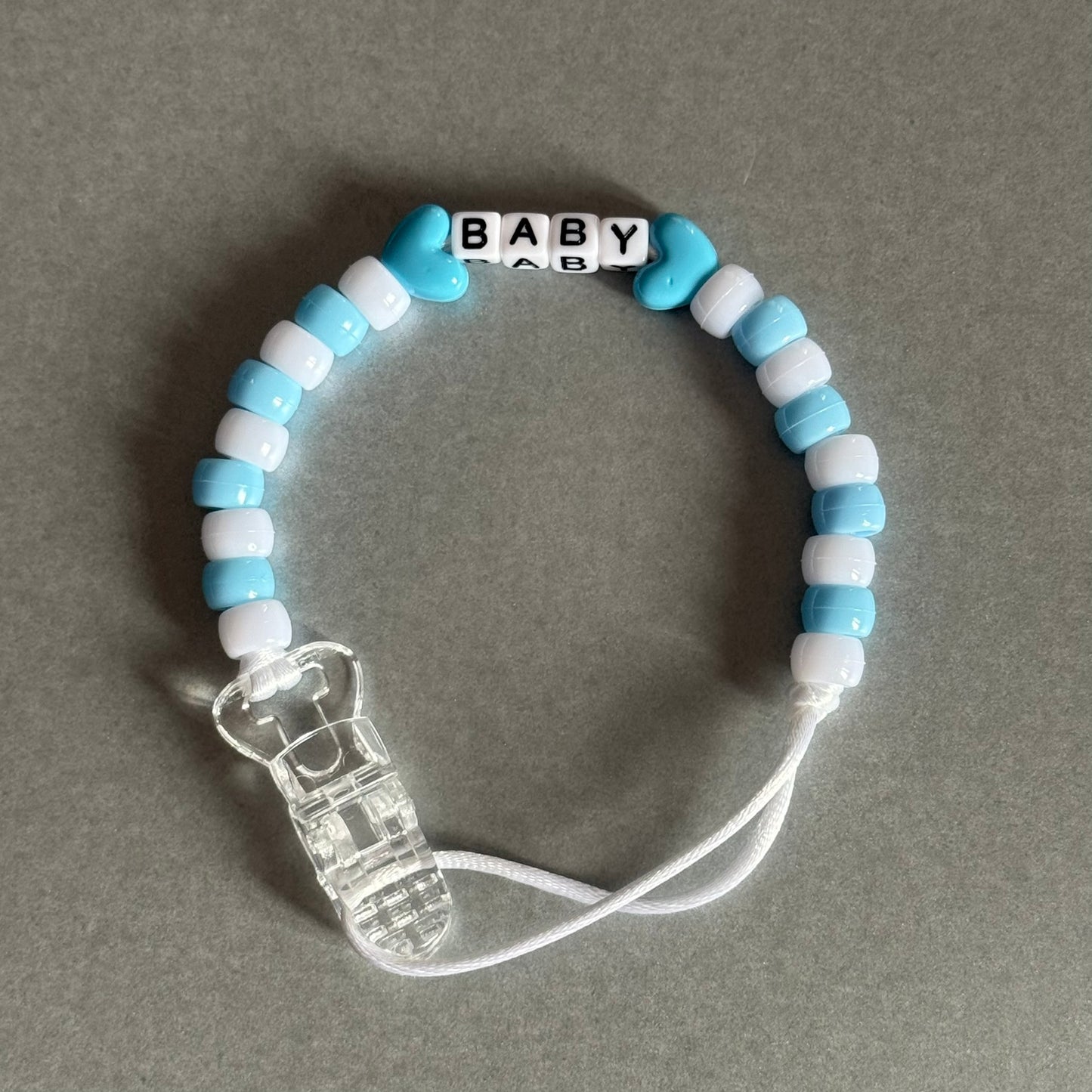 Personalised Reborn Dummy Clip: Blue Stars/Hearts Blue & White Beads