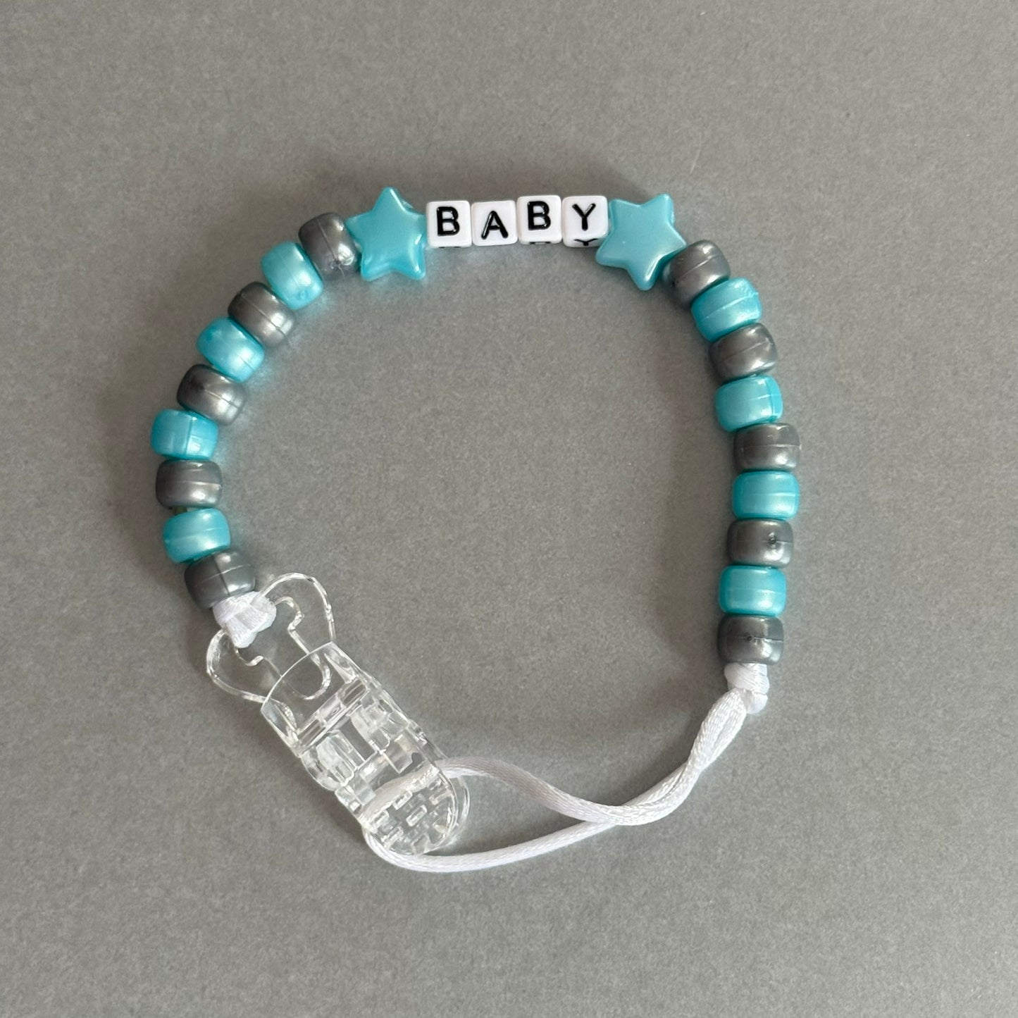 Personalised Reborn Dummy Clip: Pearl Blue Stars Pearl Blue & Silver Beads