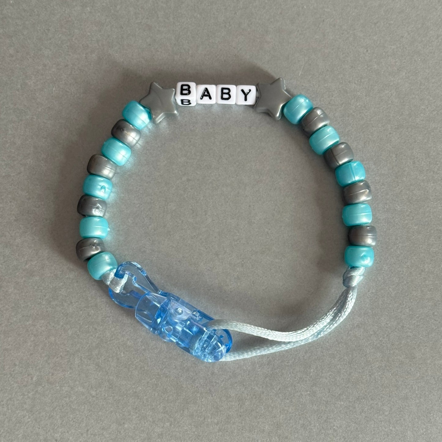 Personalised Reborn Dummy Clip: Silver Stars/Hearts Pearl Blue & Silver Beads