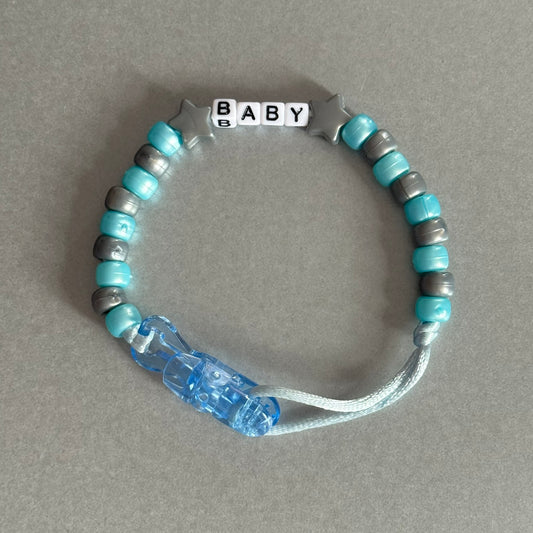 Personalised Reborn Dummy Clip: Silver Stars/Hearts Pearl Blue & Silver Beads