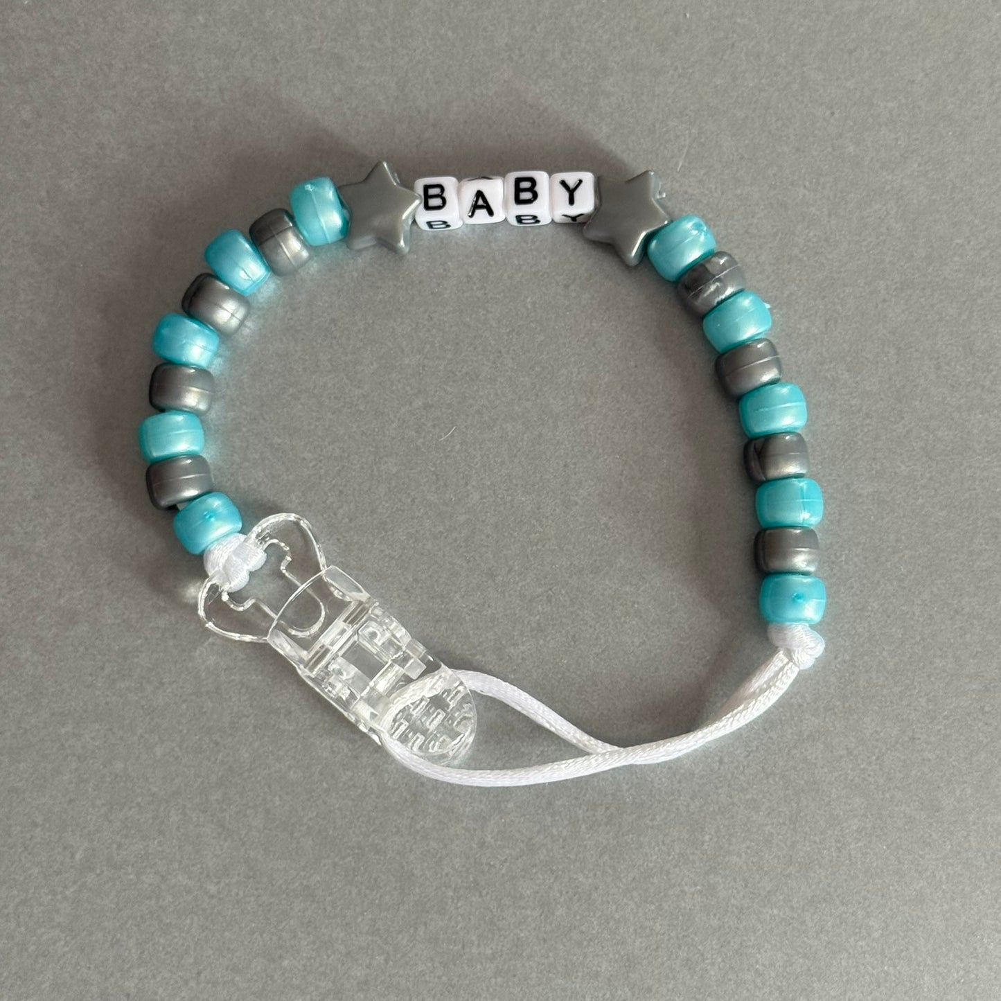 Personalised Reborn Dummy Clip: Silver Stars/Hearts Pearl Blue & Silver Beads