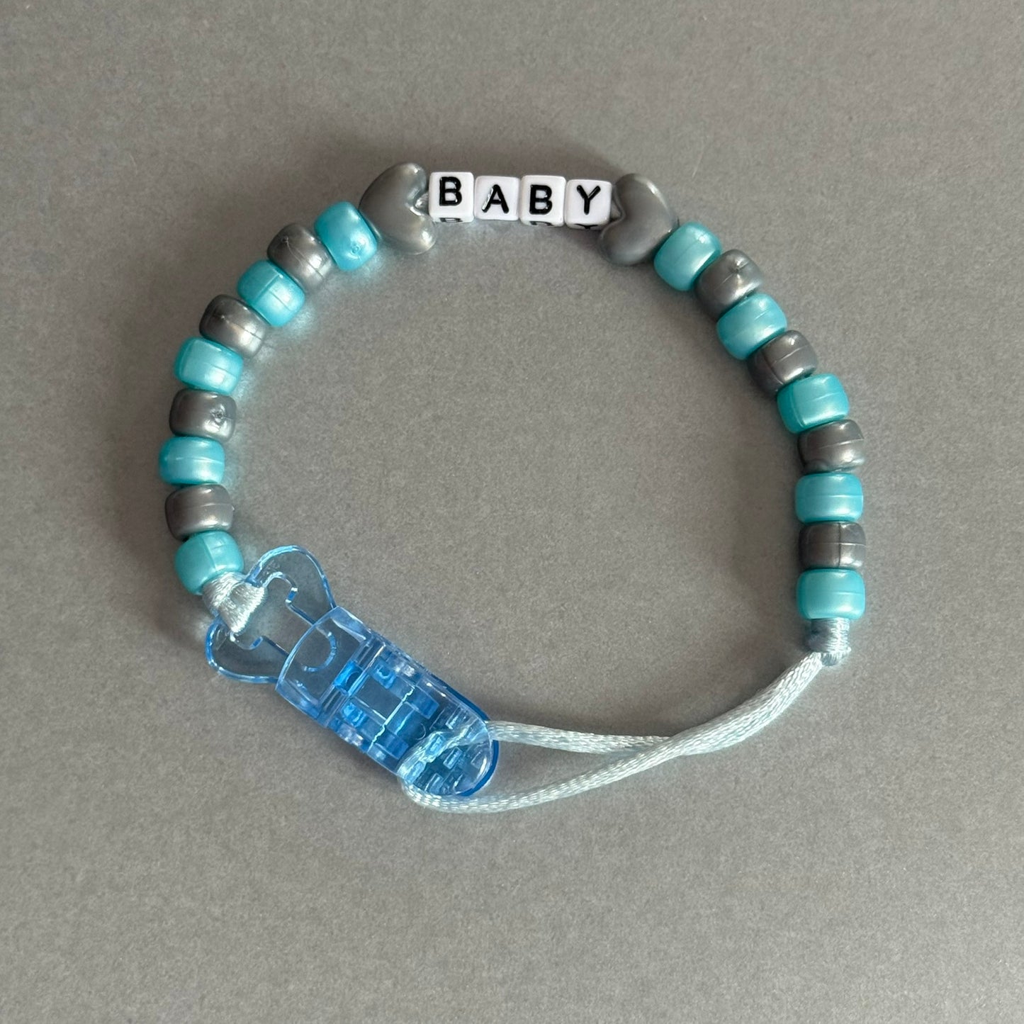 Personalised Reborn Dummy Clip: Silver Stars/Hearts Pearl Blue & Silver Beads