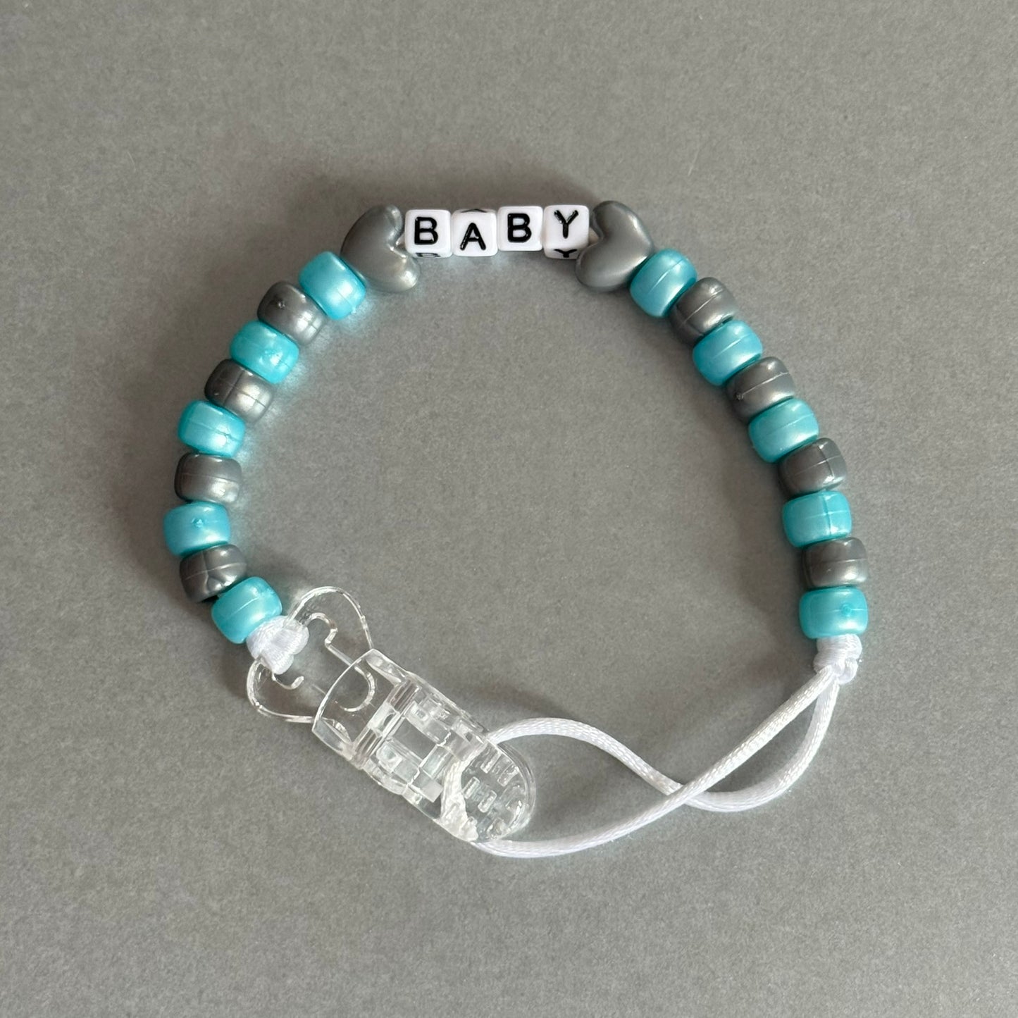 Personalised Reborn Dummy Clip: Silver Stars/Hearts Pearl Blue & Silver Beads