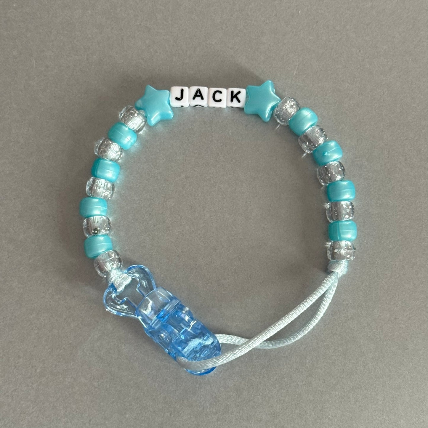 Personalised Reborn Dummy Clip: Pearl Blue Stars/Hearts Pearl Blue & Glitter Beads