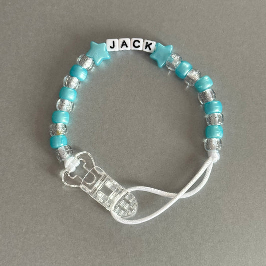 Personalised Reborn Dummy Clip: Pearl Blue Star/Heart Pearl Blue & Glitter Beads