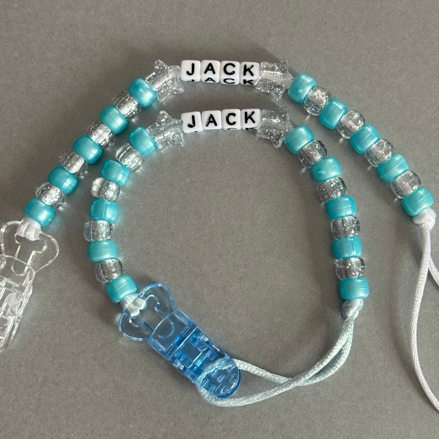 Personalised Reborn Dummy Clip: Glitter Stars Pearl Blue & Glitter Beads