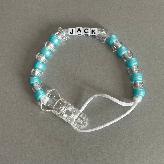 Personalised Reborn Dummy Clip: Glitter Stars Pearl Blue & Glitter Beads