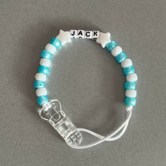 Personalised Reborn Dummy Clip: White Stars Pearl Blue & White Beads
