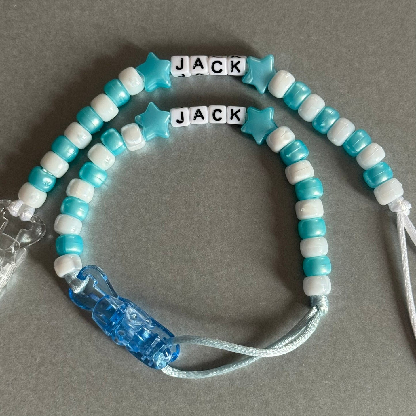 Personalised Reborn Dummy Clip: Pearl Blue Stars/Hearts Blue & White Beads