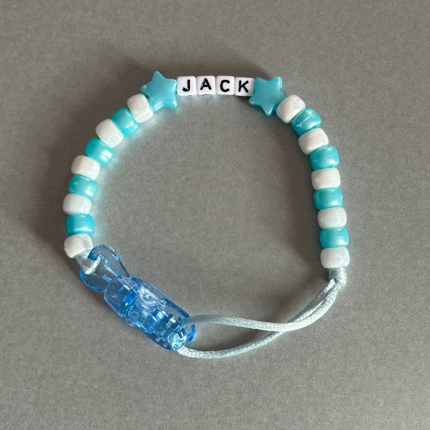 Personalised Reborn Dummy Clip: Pearl Blue Stars/Hearts Blue & White Beads