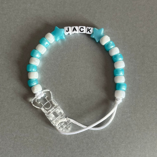 Personalised Reborn Dummy Clip: Pearl Blue Stars/Hearts Blue & White Beads