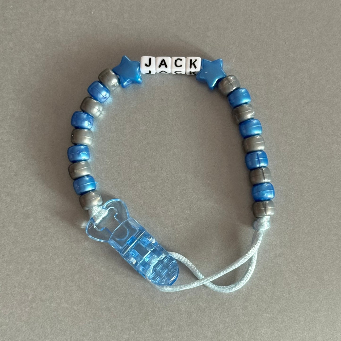 Personalised Reborn Dummy Clip: Pearl Dark Blue Stars/Hearts Pearl Dark Blue & Silver Beads