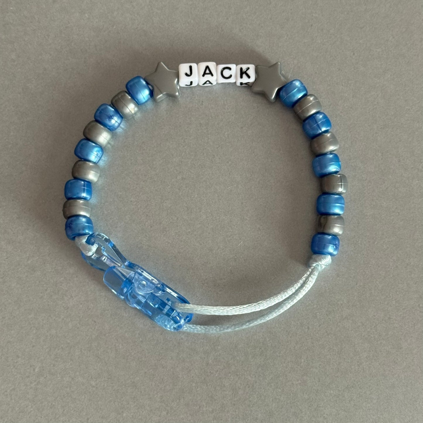 Personalised Reborn Dummy Clip: Silver Stars/Hearts Pearl Dark Blue & Silver Beads
