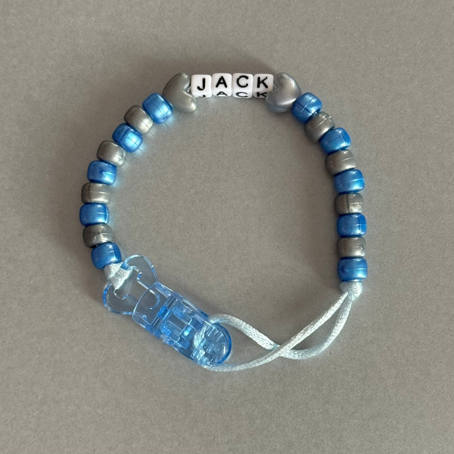 Personalised Reborn Dummy Clip: Silver Stars/Hearts Pearl Dark Blue & Silver Beads