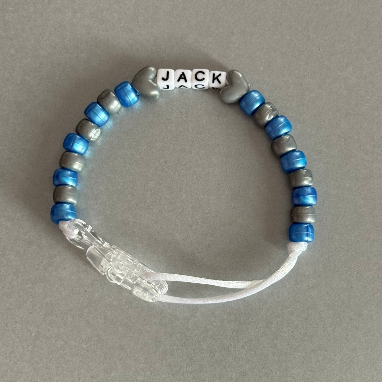 Personalised Reborn Dummy Clip: Silver Stars/Hearts Pearl Dark Blue & Silver Beads
