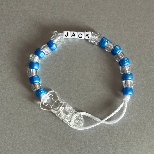 Personalised Reborn Dummy Clip: Glitter Stars Pearl Dark Blue & Glitter Beads