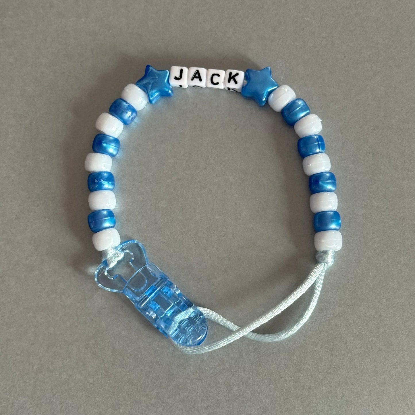 Personalised Reborn Dummy Clip: Dark Blue Stars/Hearts Blue & White Beads