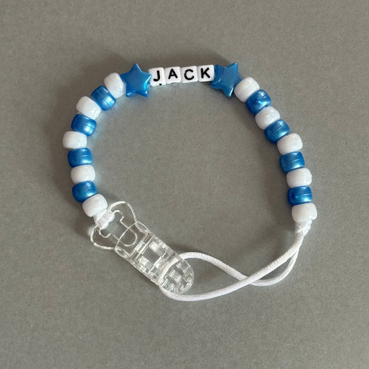 Personalised Reborn Dummy Clip: Dark Blue Stars/Hearts Blue & White Beads