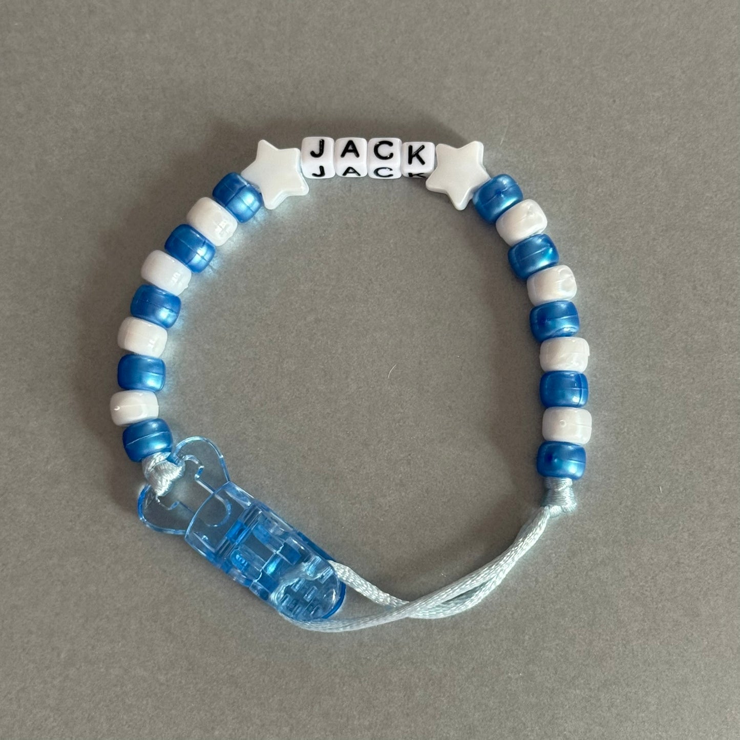 Personalised Reborn Dummy Clip: White Stars Pearl Dark Blue & White Beads