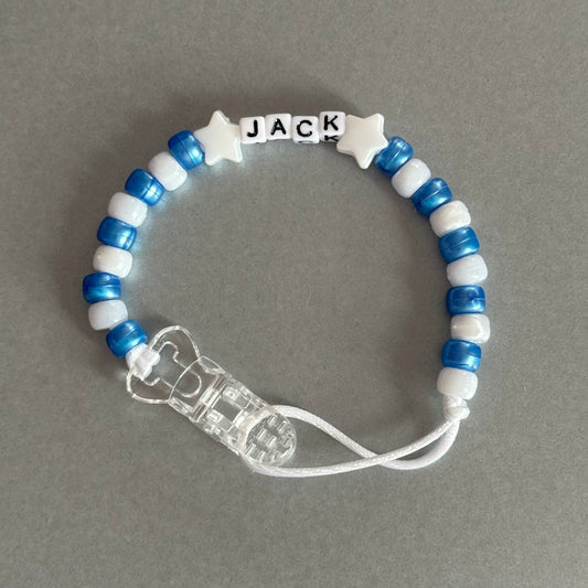 Personalised Reborn Dummy Clip: White Stars Pearl Dark Blue & White Beads