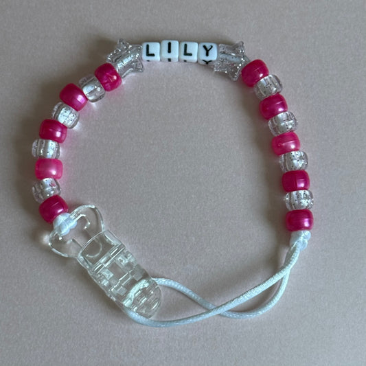 Personalised Reborn Dummy Clip: Glitter Stars Pearl Dark Pink & Glitter Beads