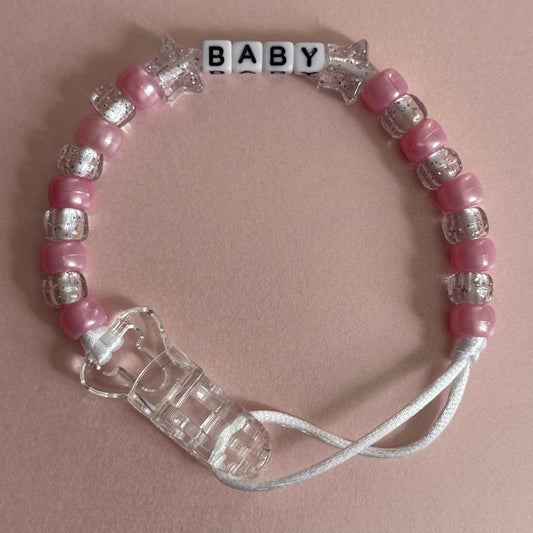 Personalised Reborn Dummy Clip: Glitter Stars Pearl Pink & Glitter Beads
