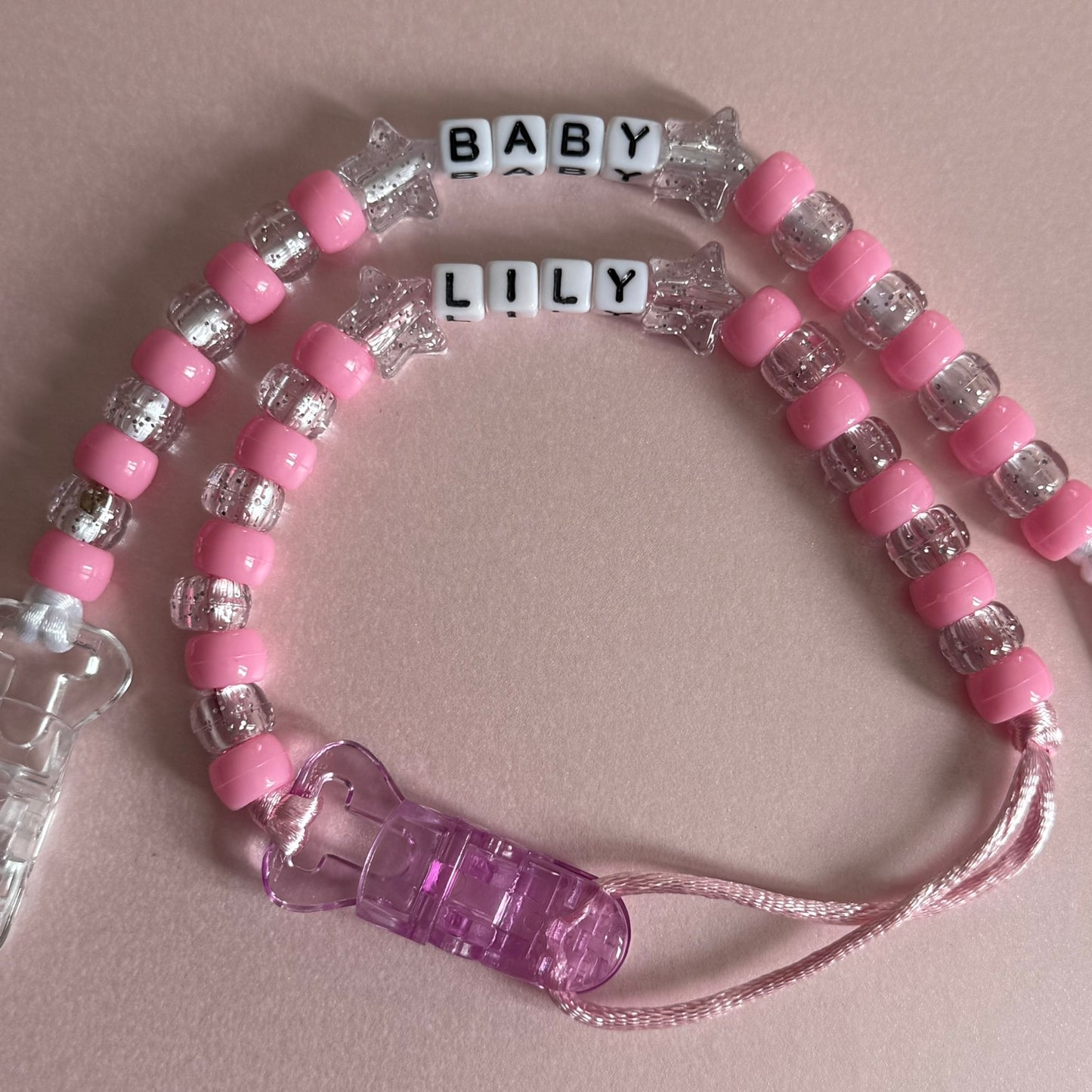 Glitter Stars Pink & Glitter Beads Personalised Reborn Dummy Clip