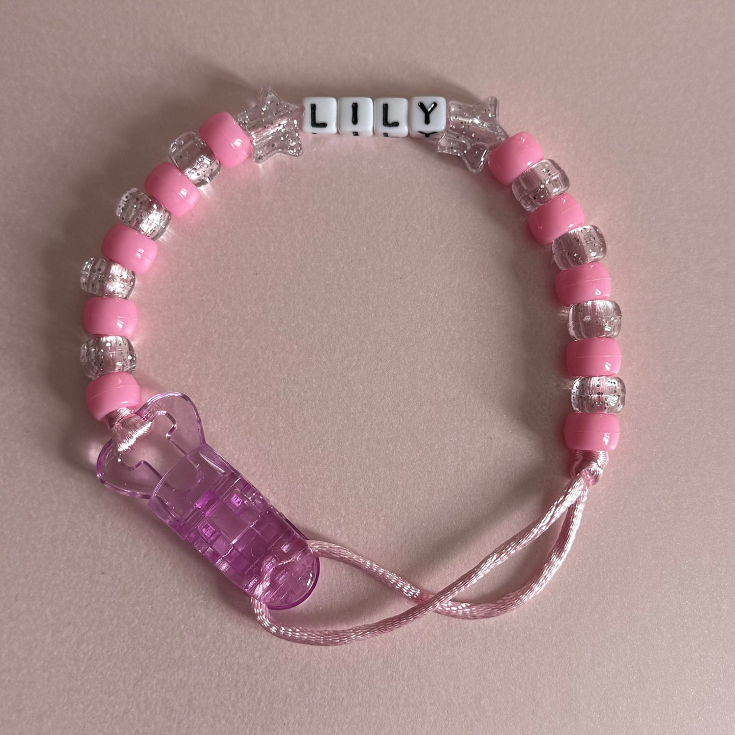 Glitter Stars Pink & Glitter Beads Personalised Reborn Dummy Clip