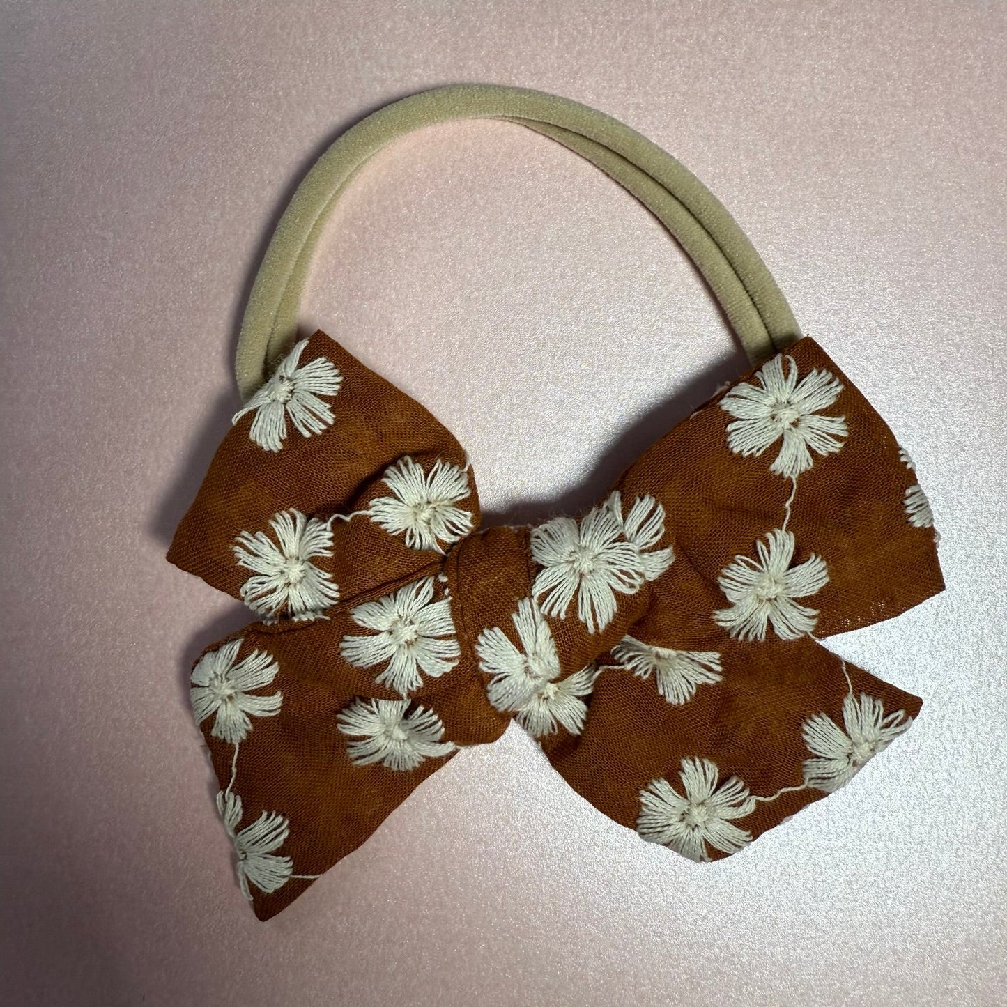 Brown Bow with Embroidery Flowers Baby Headband