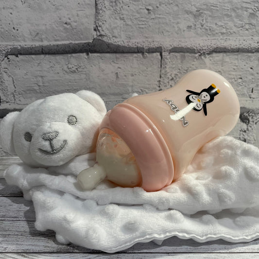Nuby Pink Penguin Reborn Fake Milk Bottle 9oz