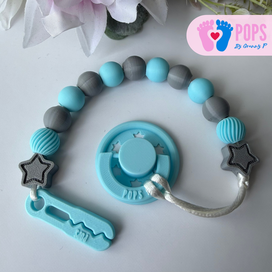 POPS Dummy Clip - Blue & Grey Stars & Swirls - Can be personalised