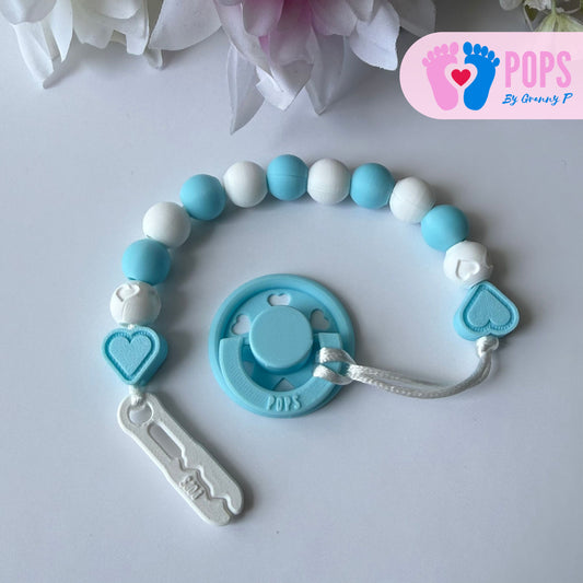 POPS Dummy Clip - Blue & White Hearts & Hearts - Can be personalised