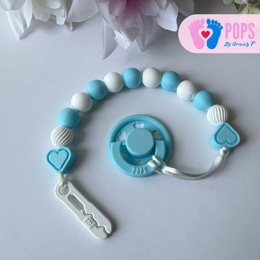 POPS Dummy Clip - Blue & White Hearts & Swirls - Can be personalised