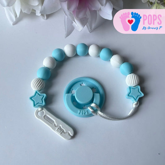 POPS Dummy Clip - Blue & White Stars & Swirls - Can be personalised